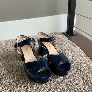 Prada Navy Patent Block Heel Sandal